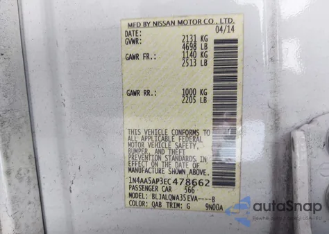 2014 Nissan Maxima 3.5 S z USA, uszkodzony, nr VIN 1N4AA5AP3EC478662